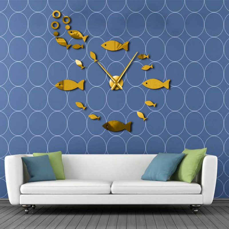 horloge murale stickers poisson ronde doree quartz decoration grande geante design
