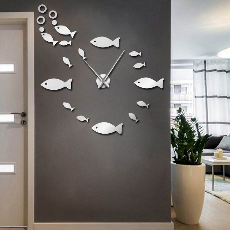 horloge murale stickers poisson ronde grise quartz decoration grande geante design