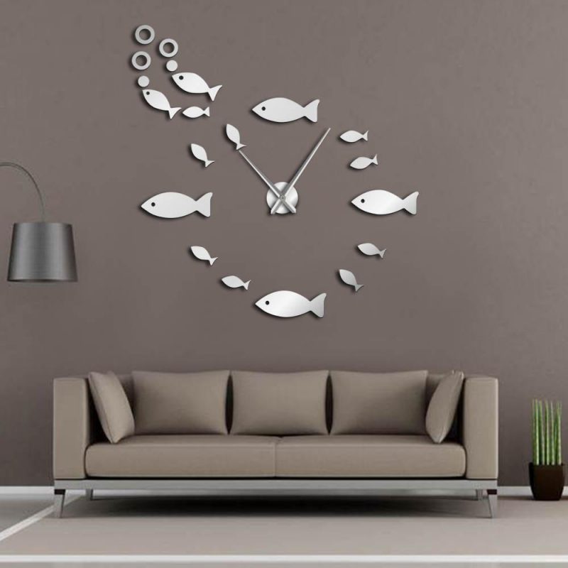 horloge murale stickers poisson ronde grise quartz decoration grande geante design salon