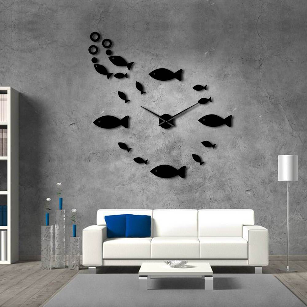 horloge_murale_stickers_poisson_ronde_noir_quartz_decoration_grande_geante_design horloge murale stickers poisson ronde noir quartz decoration grande geante design