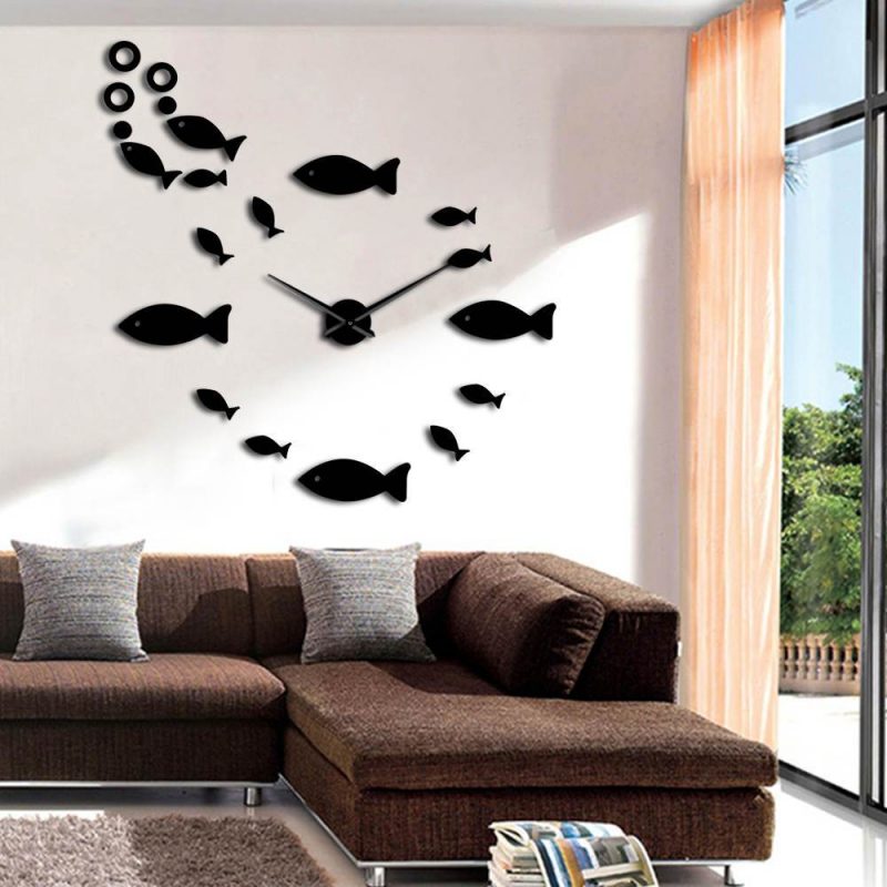 horloge murale stickers poisson ronde noire quartz decoration grande geante design salon