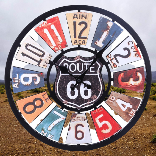 horloge murale vintage couleur retro coloree route 66 style industrielle design diametre 35cm