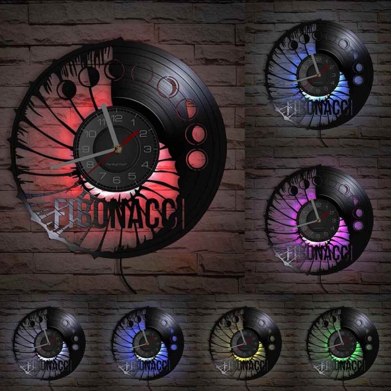 horloge murale vinyle Fibonacci avecLumiere LED art spirale nombre quartz diametre 30cm