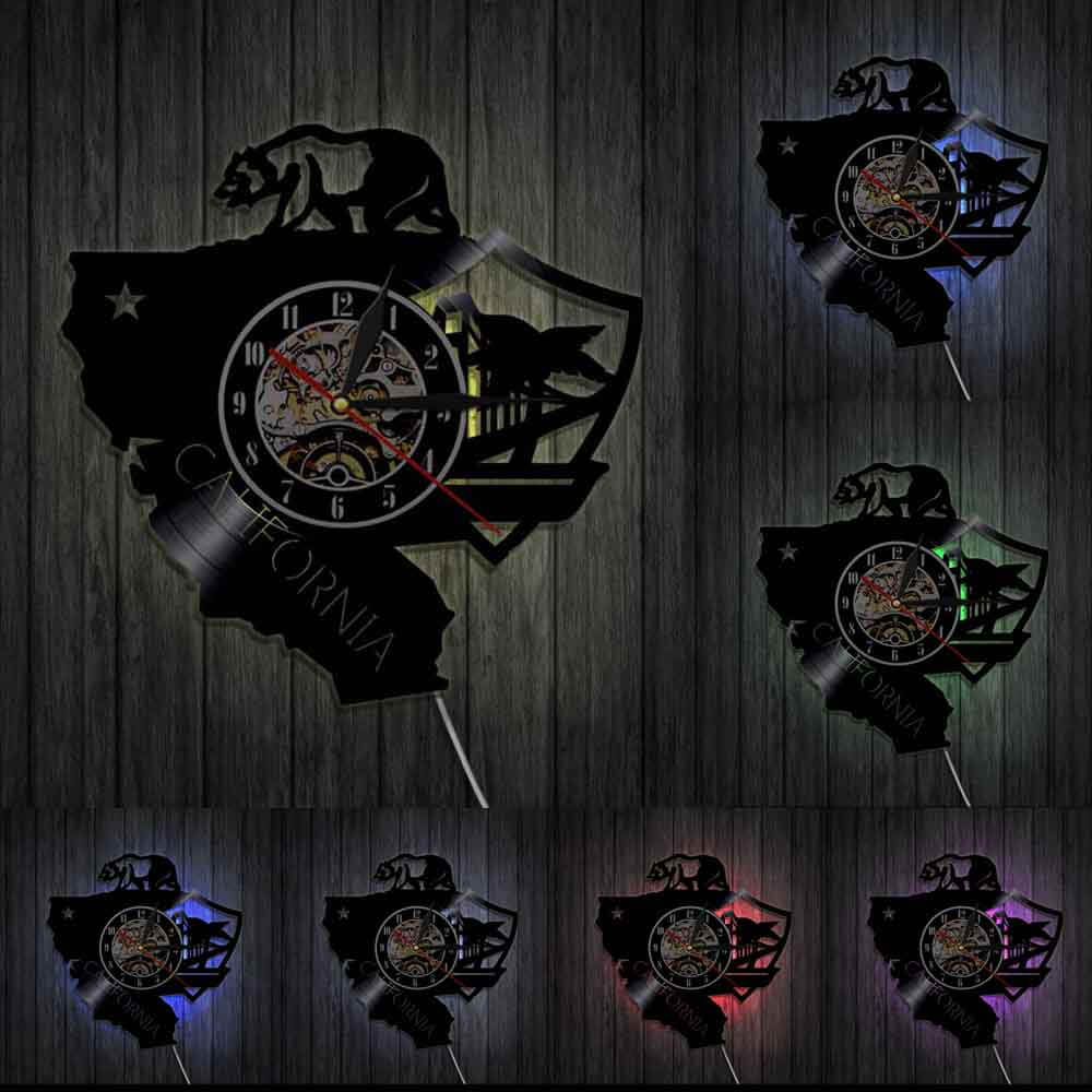 horloge_murale_vinyle_drapeau_californie_ours_california_republic_Etats-Unis_avec_Lumiere_LED horloge murale vinyle drapeau californie ours california republic Etats Unis avec Lumiere LED