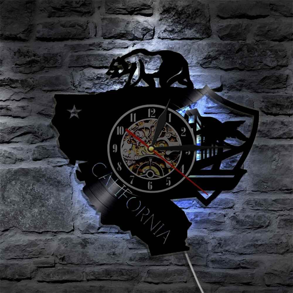 horloge_murale_vinyle_drapeau_californie_ours_california_republic_Etats-Unis_avec_Lumiere_LED_bleu horloge murale vinyle drapeau californie ours california republic Etats Unis avec Lumiere LED bleu