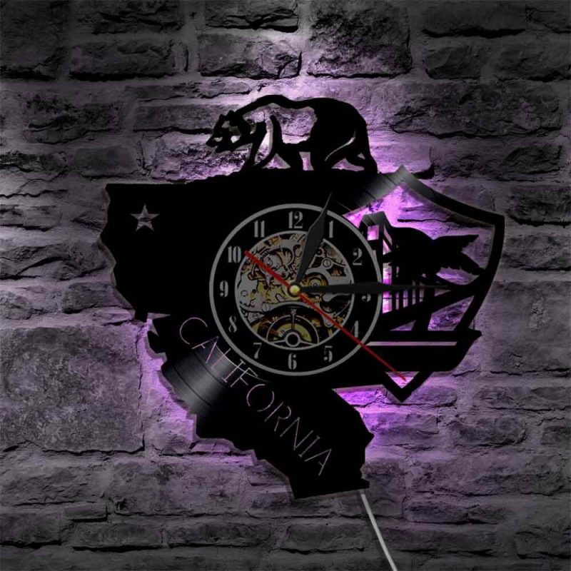 horloge murale vinyle drapeau californie ours california republic Etats Unis avec Lumiere LED mauve