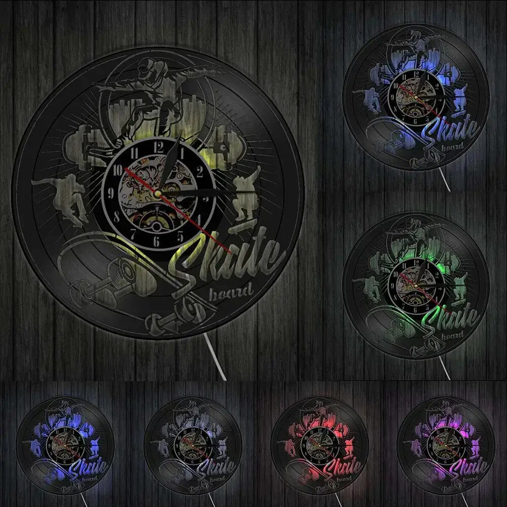 horloge_murale_vinyle_skateboard_LED_lumineuse_coloree_cadeau horloge murale vinyle skateboard LED lumineuse coloree cadeau
