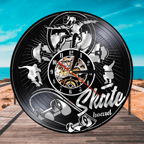 horloge murale vinyle skateboard diametre 30 cm surf beach